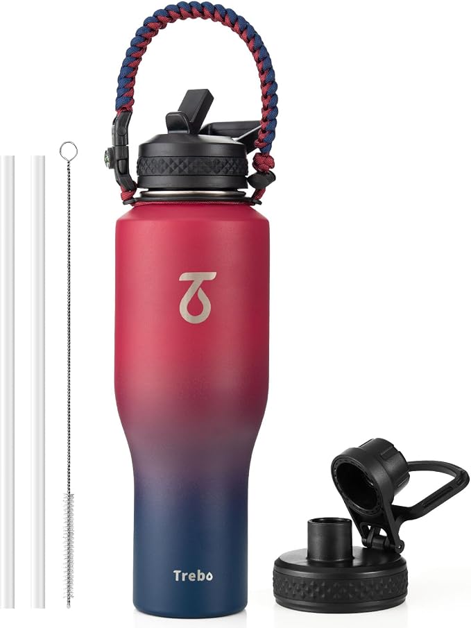 Trebo 40 oz Water Bottle Insulated Fit in Any Car Cup Holder with 2 Lids | Stainless Steel T-shape Tumbler with Paracord Handle, Triple Wall Vacuum Copper Plated, Cold 48 Hrs for Travel, Wide Mouth
