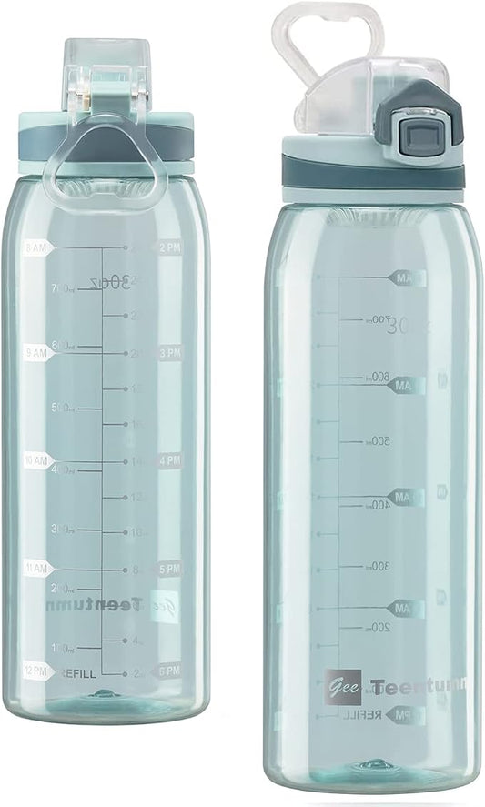 30oz Sport Water Bottle with Time Markers, Large Durable Gym Clear Plastic Bottle Tritan BPA Free for Fitness, Outdoor Enthusiasts, Leakproof Green (Pack of 1)
