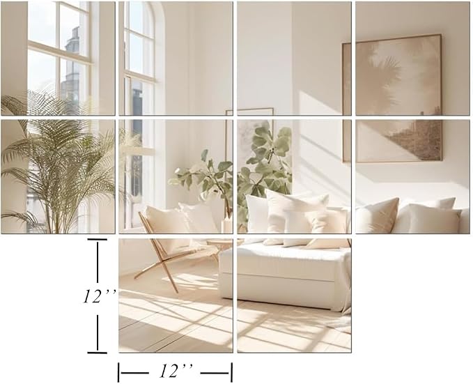 Vlush Adhesive Mirror Tiles 12'' x 12'' x 10PCS Home Gym Decor Full Body & Full Length Mirrors Wall Mounted Mirrors Decorative for Home Gym, Door, Bedroom & Bathroom