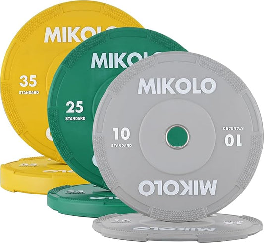 Mikolo Olympic Bumper Plates Set, 100% High-Density Low-Bounce Rubber Weight Plates with Steel Inserts, IWF Color-Coded Quiet Barbell Plates for Deadlifts, Squats & Home Gym Strength Training (Weights: 45 * 2-230LB)