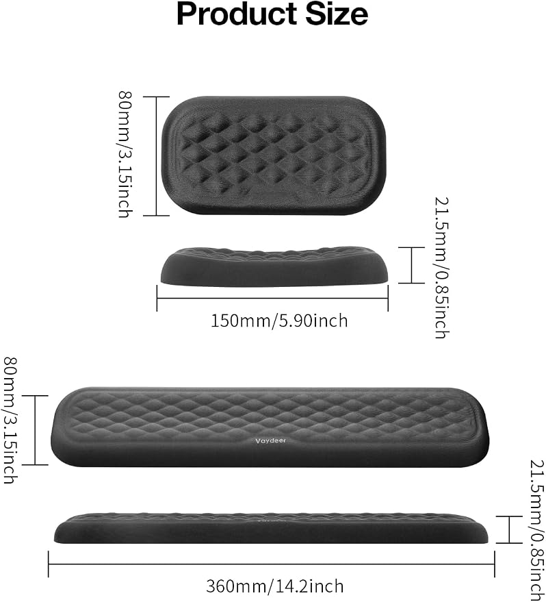 Vaydeer Wrist Rest for Keyboard and Mouse, Computer Ergonomic Wrist Support Pad Set, Soft Memory Foam Arm Cushion for Desk, Palm Hand Office Gaming Laptop Typing-Medium
