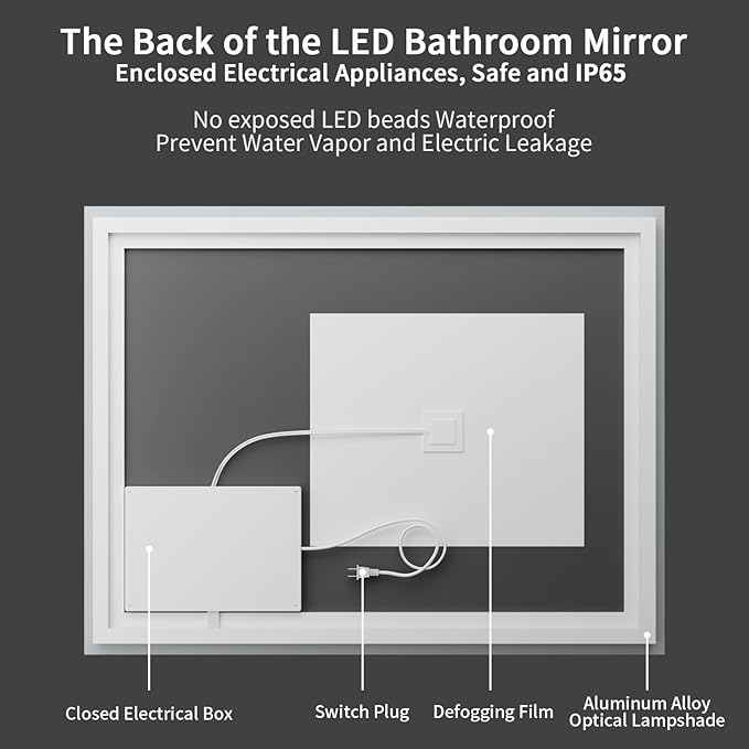 Koonmi 55x30 LED Bathroom Mirror with Light, Anti-Fog, 3 Colors | Backlit + Front Lit, Dimmable Brightness, Shatterproof HD Distortion-Free Tempered Glass, Hardware Included