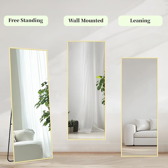 Gold Floor Mirror 48x16 inch, Full Body Mirror, Metal Frame | Brushed Gold Metal Frame, No Distortion, Rust-proof, Floor Mirrors for Nursery, Baby Room, Entryway, Party, Dressing Room