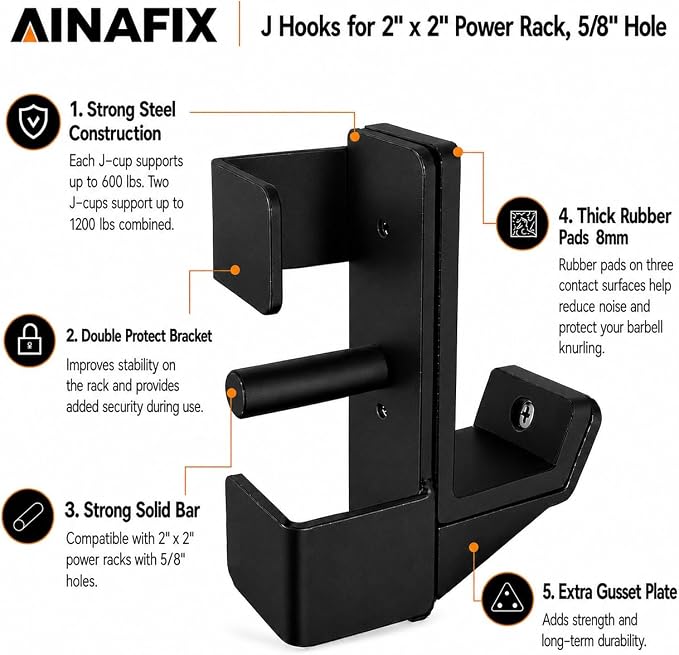 J Hooks for 2" x 2" Power Rack, Rubber Pad J-Hook for Power Cage, Bottom Reinforced Steel J Cups for Squat Rack, Heavy Duty Barbell Holder, Black