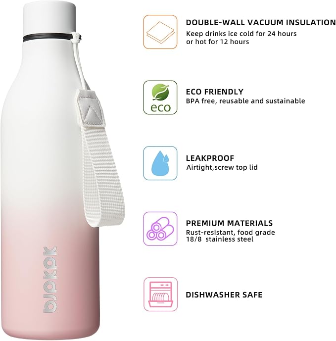 BJPKPK 25oz Insulated Water Bottle, Stainless Steel Bottle with Carry Strap | Keep Cold & Hot Vacuum Insulation, Leak-Proof BPA-Free Design, Slim Bottle Fits Most Cup Holders for Gym, Office & Travel