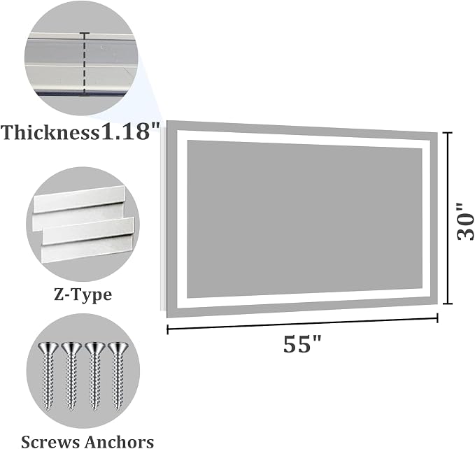 Koonmi 55x30 LED Bathroom Mirror with Light, Anti-Fog, 3 Colors | Backlit + Front Lit, Dimmable Brightness, Shatterproof HD Distortion-Free Tempered Glass, Hardware Included