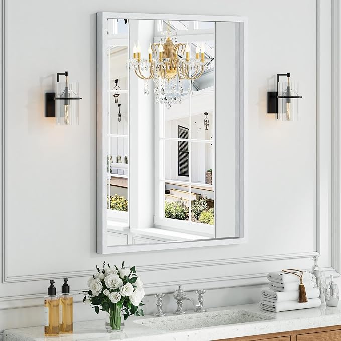 Syndra White Wood Frame Bathroom Mirror, 30''x40'' Modern Vanity Mirror for Wall, Waterproof Slim Deep Frame, Rectangular HD Tempered Glass Mirror for Living Room, Bedroom, Entryway, Rustic, Farmhouse