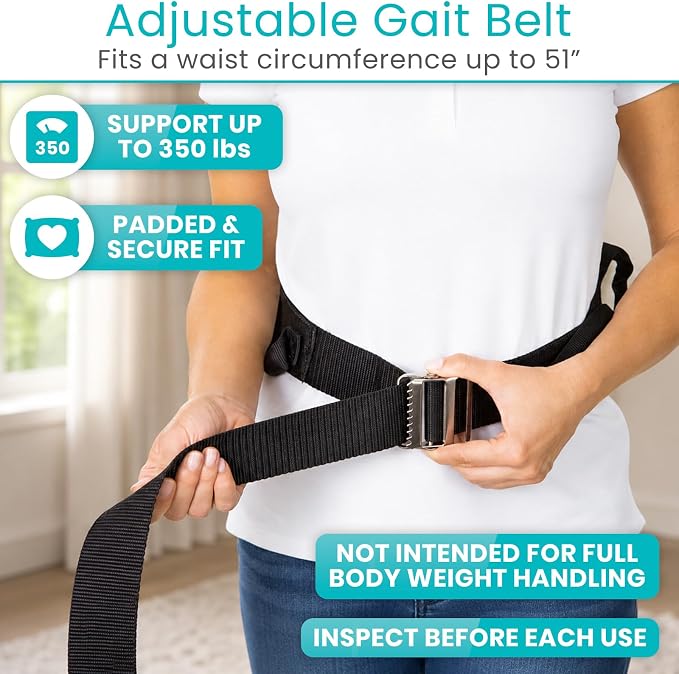 Vive Gait Belt (350lbs) Transfer Belt with Handles - Medical Nursing Safety Patient Assist - Bariatric, Elderly, Handicap, Physical Therapy - PT Gate Strap Quick Release Metal Buckle, Grabbing Teeth | Patient Assist - Bariatric, Elderly, Handicap, Phys...