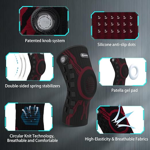 Kuangmi Knob Knee Brace for Pain Relief, Knee Support with Patella Gel Pad & Side Stabilizers, Compression Knee Sleeve for Workout, Arthritis, Joint Pain, Meniscus Tear (Red Black,Left,Medium,Single)