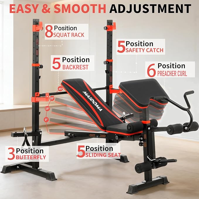 MAIDOMA 1500LBS Foldable 8 IN 1 Weight Bench with Upgraded Leg Extension | Adjustable Flat Incline Decline Bench Press Set with Wide Squat Rack for Full Body Home Gym Workout (US Stock)