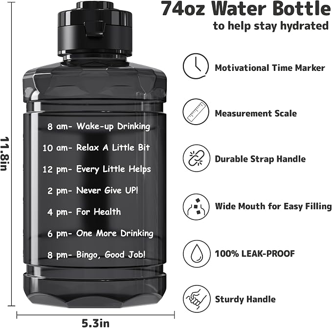 Large Water Bottle with Motivational Time Marker & Straw & Handle,2 Lids | BPA Free,Gallon Water Jug, Half Gallon water Bottle for Sport Gym Camping Workout Outdoors Yoga (Clear Black)