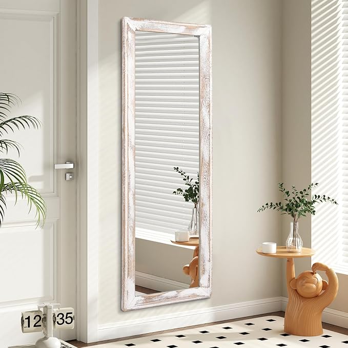 AAZZKANG Wall Mirror Full Length Rustic Wood Framed Large 43"x14" | Rectangular Full Body Mirrors for Bedroom Living Room Bathroom Entryway White Decorative