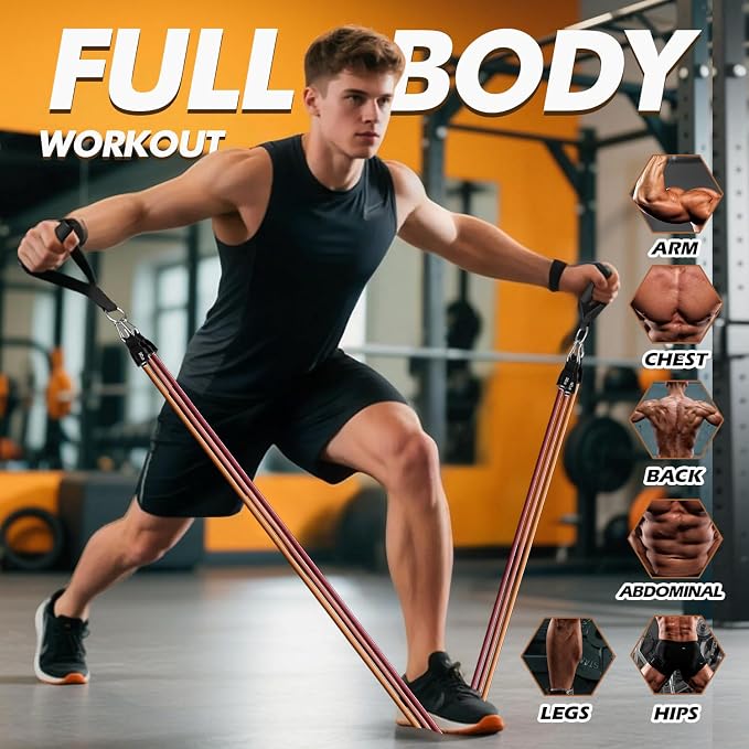 WHATAFIT Resistance Bands with Handles, 5-Level Exercise Bands for Workout | Natural latex,10-50 lbs, stackable to 150,Ankle Straps, Door Anchor,Guide. For Strength, Yoga,Home Gym,Travel & Workout.