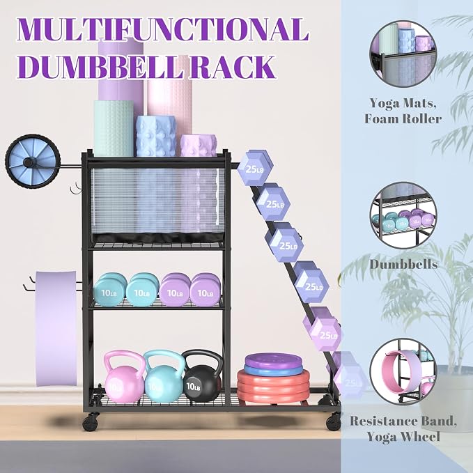 Mythinglogic Dumbbell Rack with Yoga Mat Holder and Wheels for Home Gym | Features a side dumbbell rack, yoga mat basket, shelves and hooks for kettlebells, weight plates, foam rollers and gym gear
