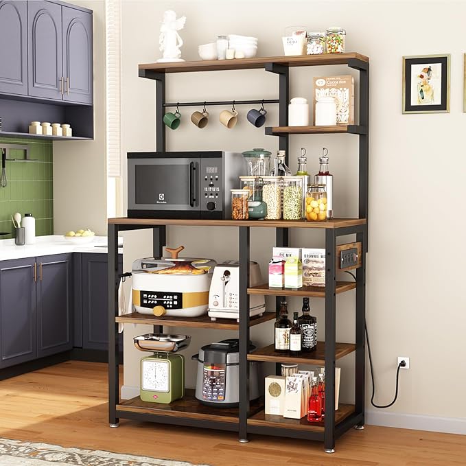 Large Bakers Rack with Power Outlet, Coffee Bar & Microwave Stand | Bakers Rack with Power Outlet, Coffee Bar Station & Microwave Cart, Metal Kitchen Storage Shelf with Wheels