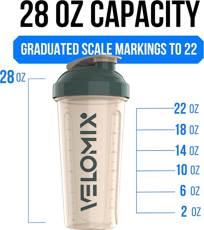 VELOMIX 2 Pack 28oz Protein Shaker Bottle for Protein Mixes, Blue/Beige | 2x Wire Whisk, Leak Proof Shaker Cups for Protein Shakes, Stackable, Dishwasher safe, BPA free, Pre Workout and Fitness ready