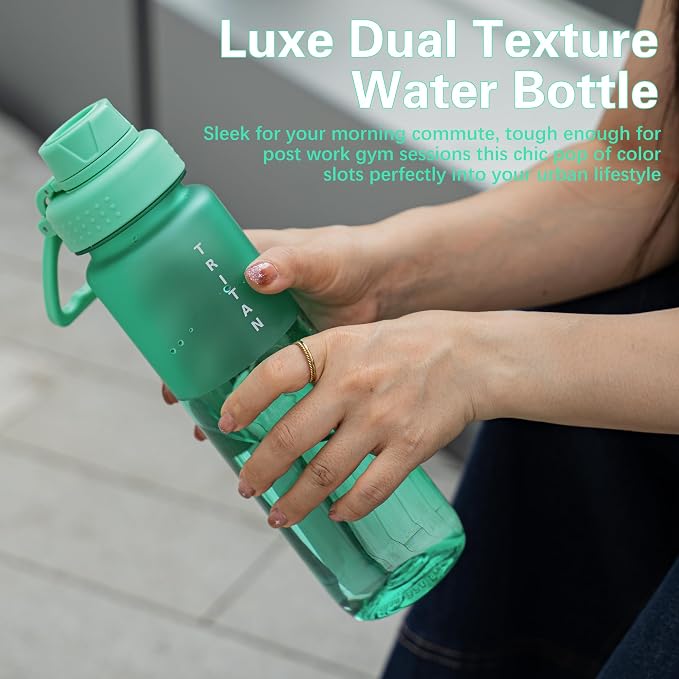 OLDLEY 32oz Water Bottle with Handle, BPA-Free Tritan Reusable Sports Water Bottle with Leak-Proof Dust Lid, Wide Mouth, Cup Holder Friendly, Half Frosted Clear Bottle for Gym,Travel,Work,Mint Green