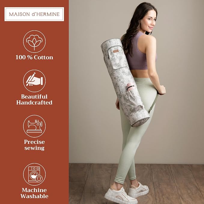 Maison d' Hermine Yoga Mat Duffle Bag Gym Tote Yoga Mat Carry Bag | Cylindrical bag for Woman Men Gifts Adjustable shoulder straps with Drawstring Water Bottle Pocket and zipper pocket