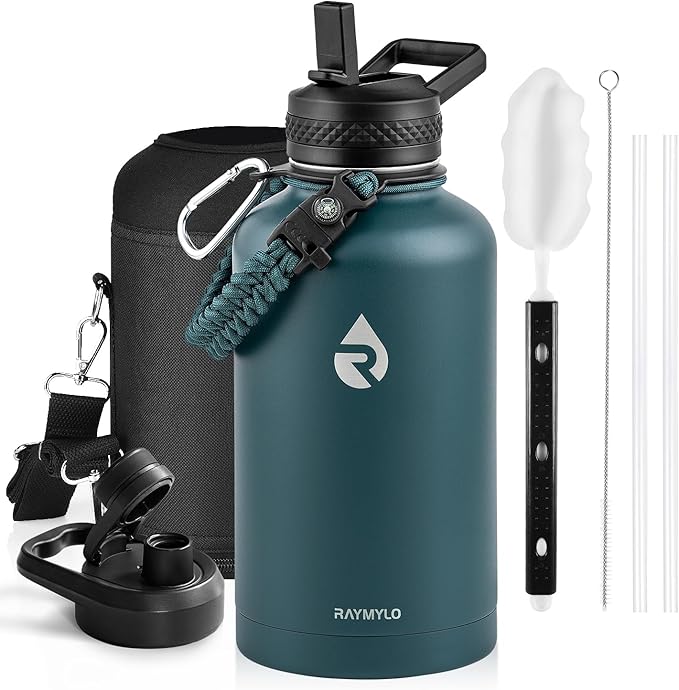 RAYMYLO Insulated Water Bottle 64 oz, Triple Wall Vacuum Stainless Steel | (Cold for 48 Hrs), Leak Proof & Non-BPA, Half Gallon Water Flask Jug with Paracord Handle & Straw Spout Lids, Dark Green