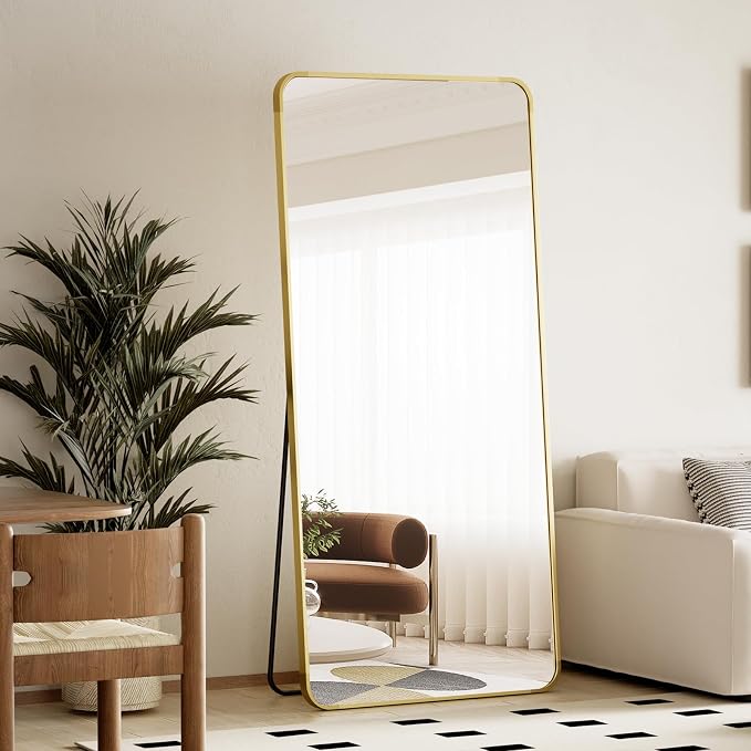 BEAUTYPEAK 71" x 26" Rounded Corner Full Length Mirror with Stand, Gold | Aluminum Alloy Frame with Standing, Leaning, or Wall-Mounted, Ideal for Bedroom, Dressing Room, Entryway, and Living Room
