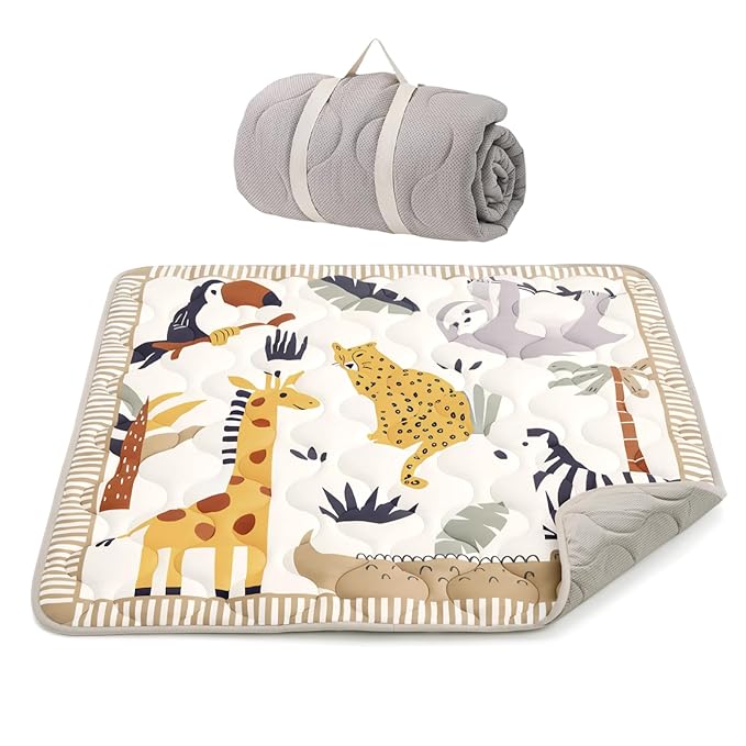 Momcozy Baby Play Mat for Floor, 50"x50" Thickened Playpen Mat | Playmate for Baby Tummy Time, Waterproof & Non-Slip, Foldable Outdoor Mat with Carrying Handle, Wild Parade