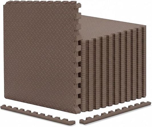 Tangkula 36 Tiles Exercise Flooring Mats with Border, Non-Slip EVA Foam Protective Mats, Elastic Puzzle Play Mats, 1/2" Interlocking Floor Mats for Home Gym, Fitness Room (Brown)