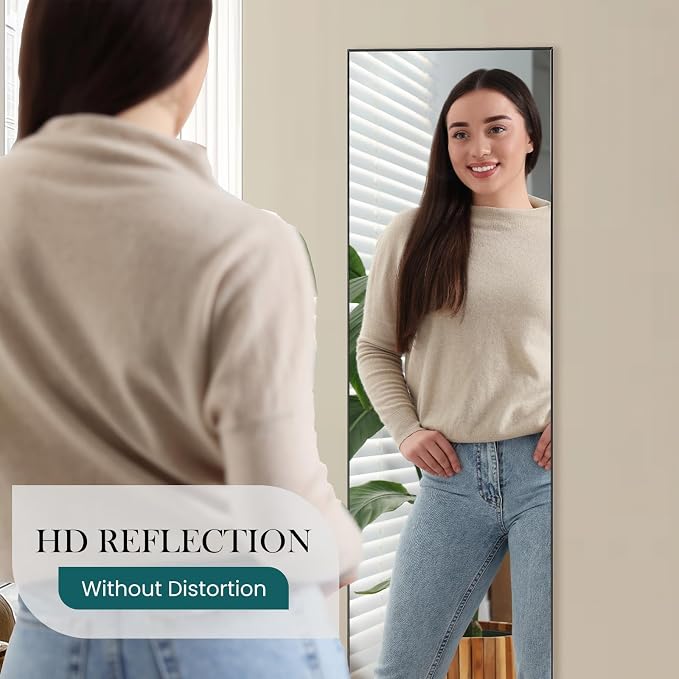 DUMOS 59"x16" Full Length Mirror, Full Body Mirror, Black | Aluminum Alloy Thin Frame, Leaning or Hanging, Suitable for Bedroom, Livingroom, Cloakroom