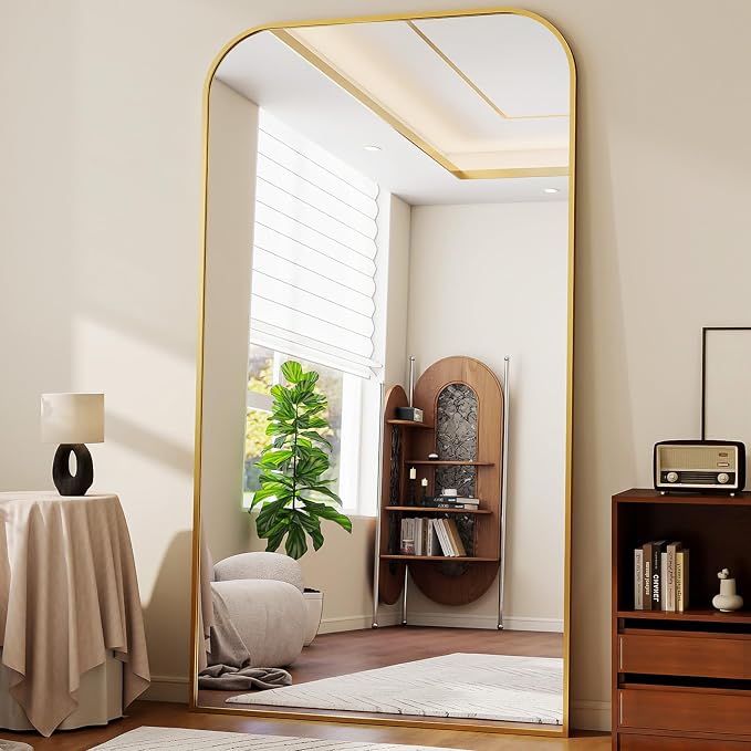 Oversized Full Length Mirror 86"x40" Arched Floor Standing Mirror | Large Full Body Mirrors with Stand - with Aluminum Frame for Bedroom Living Room, Gold