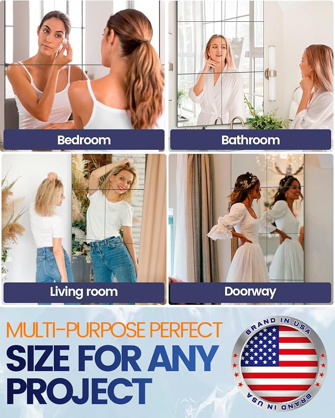 8Pcs 16x16 Inch Self-Adhesive Mirror Panels, Shatterproof Flexible Acrylic Mirror Sheets, Peel & Stick Wall Mirror Tiles for Bedroom, Home Gym, DIY Decor