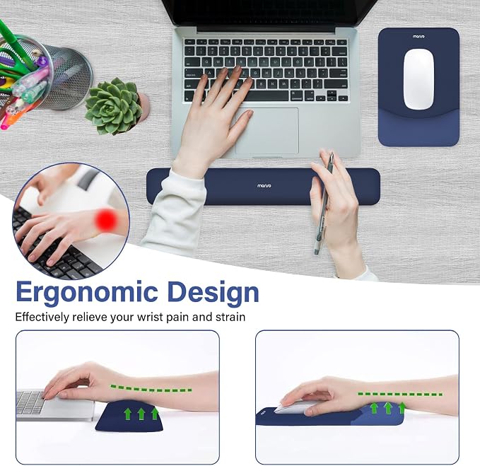 MOSISO Wrist Rest Support Mouse Pad & Keyboard Set, Navy Blue | Rectangular Ergonomic Mousepad, Non-Slip Base, Home/Office Pain Relief & Easy Typing, Neoprene Cloth & Raised Silicone Lining
