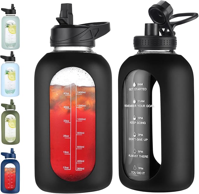 EALGRO 64 oz Glass Water Bottle with Straw, Large Half Gallon Water Jug | Sports Motivational Water Bottle with Time Marker and Silicone Sleeve, Flask Cup with Handle for Travel, Gym, School, Black