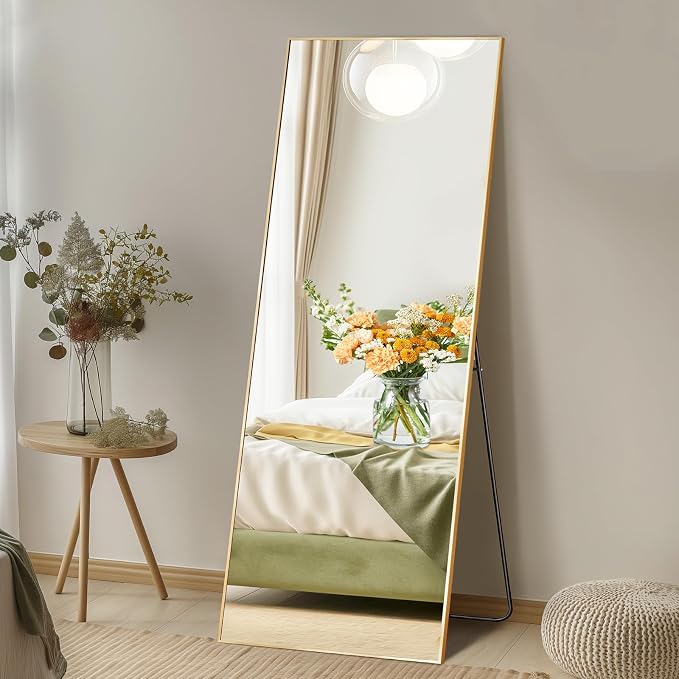 NEWBULIG 56"x15" Full Length Mirror, Full Body Standing Mirror, Gold | Leaning or Standing, Tempered Glass, Aluminum Alloy Thin Frame Floor Stand for Bedroom, Cloakroom