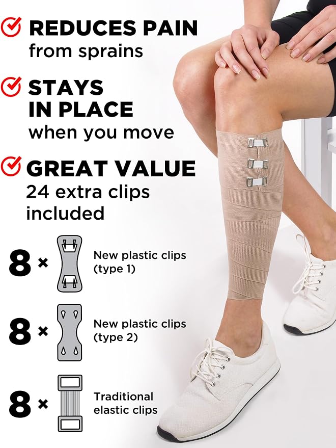 Premium Elastic Bandage Wrap - 8pk (4x3in, 4x4in) + 24 Extra Clips | Strong Compression Bandage Wrap for Leg, Arm, Wrists, Elbow, Ankles, Feet and Knees - for First Aid Kit and After Surgery