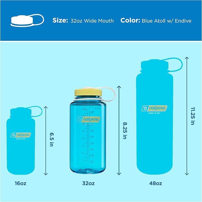 Nalgene 32 oz Wide Mouth Water Bottle, Thrill & Motion, Blue Atoll w/Endive