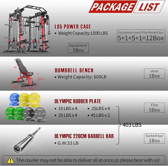 Smith Machine，Multi-Function Squat Rack Power Cage with Cable Crossover System,with Optional Weight Bench, Olympic Barbell Weight Set, for Home Gym