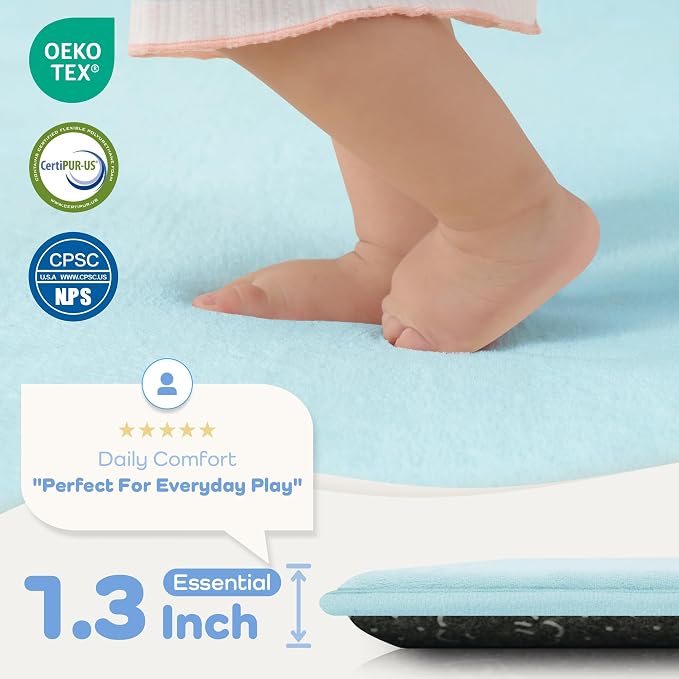 1.3" Thick Baby Floor Play Mat 50x50 Padded Foam Mat Kids, Ice Blue | Memory Mat for Baby to Play on Floor Waterproof Easy Care with Non-Slip Tummy Time Play Mat for Nursery Playroom Classroom