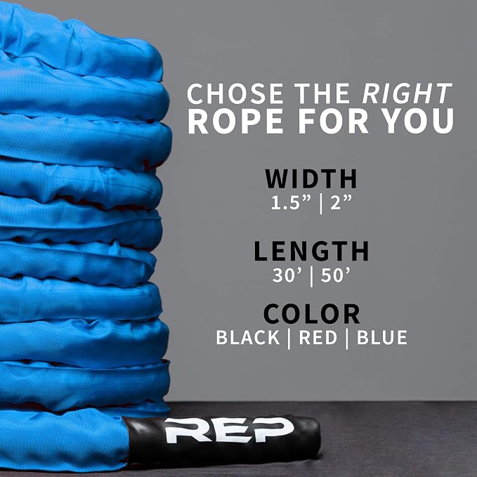 REP Fitness Battle Rope | 30/40/50 Ft Heavy Training Cord for Home Gym, Strength Workout, Cross Fit, Cardio Conditioning, Exercise Equipment with Protective Sleeve & Textured Grip Handles | 3 Colors