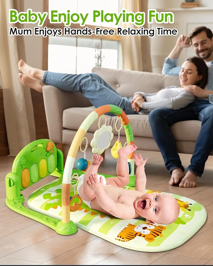 dearlomum Green Dinosaur Theme Baby Play Mat Gym with Kick & Play Piano | Tummy Time Activity Mat with 5 Infant Sensory Toys, Music and Lights, Boy & Girl Gifts for Newborns 0 to 3 6 9 12 Months
