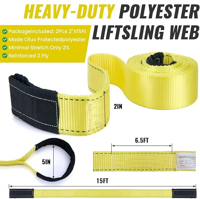 15' x 2" Heavy Duty Rigging Lifting Straps, Nylon Webbing Tow Sling, 2-Pack | 22500 lbs capacity flat eye webbing slings. Ideal for winch hoisting, furniture moving, and tree saver recovery
