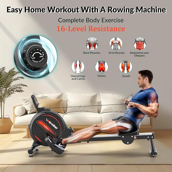 WENOKER Rowing Machine, Magnetic Rowing Machine for Home, Upgraded 32-Levels Resistance with Smart Electronic Knob, 350 LBS Weight Capacity, Compact Rower Machine Easy Assembly.