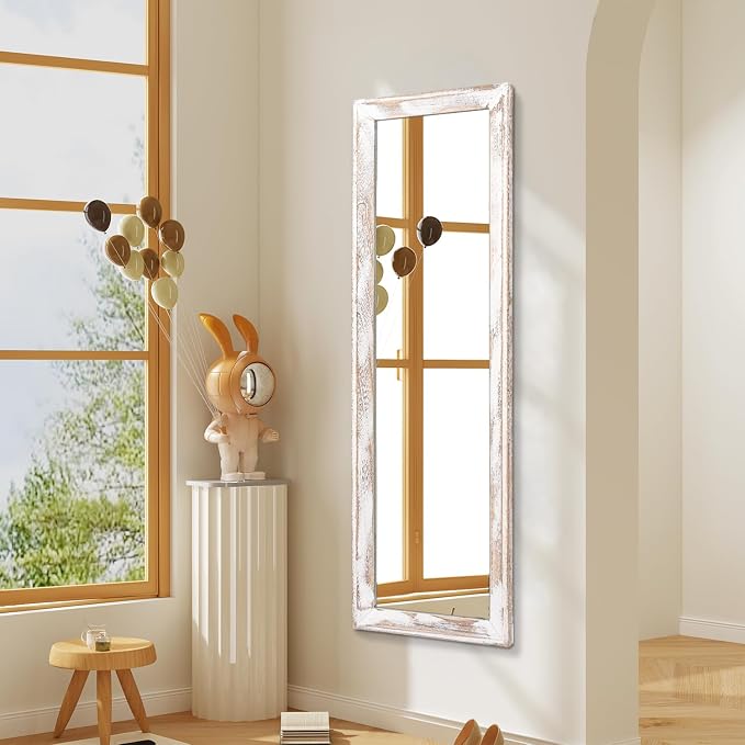 AAZZKANG Wall Mirror Full Length Rustic Wood Framed Large 47"x16" | Rectangular Full Body Mirrors Decorative for Bedroom Living Room Bathroom Entryway White