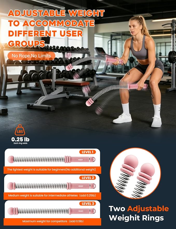 Cordless Battle Ropes 2 Pack Adjustable Weight Portable Ropeless Battle Ropes for Home Gym Full Body Workout with Non Slip Handle and Training Poster for HIIT Cardio Strength Training Men Women,Pink