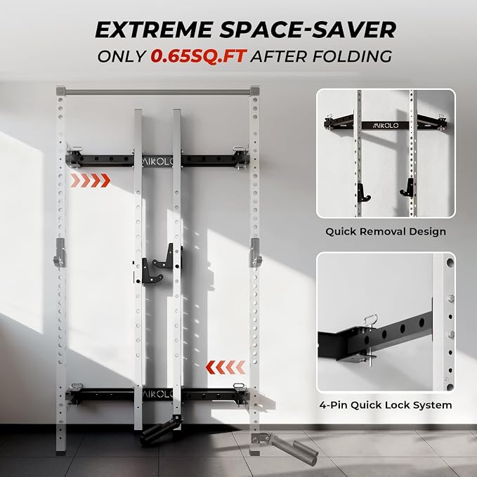 Mikolo 2" x 2" Folding Wall Mounted Squat Rack, 1000 Pounds Capacity Power Rack with Pull Up Bar, J Hooks and Other Attachments, Space-Saving Home Gym