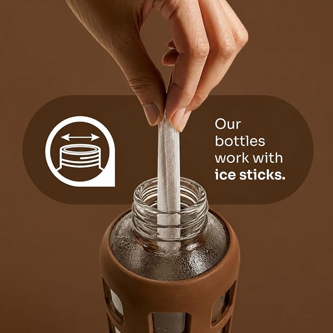 purifyou 40oz / 32oz / 22oz / 12oz Borosilicate Glass Water Bottle with Time & Volume Markers, Silicone Sleeve, Stainless Steel Lid – Reusable Glass Bottle for Water & Juice (32oz Earth Brown)