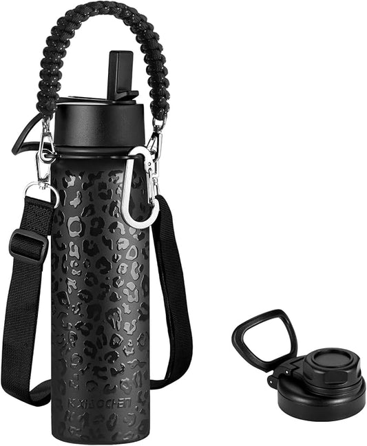 KXIAOCHEN Insulated Water Bottle with Strap, 48-Hour Cold, 2 Lids | Triple-wall insulation, lead-free 18/8 Stainless steel, paracord handle, carabiner clip, for gym, hiking, camping and travel