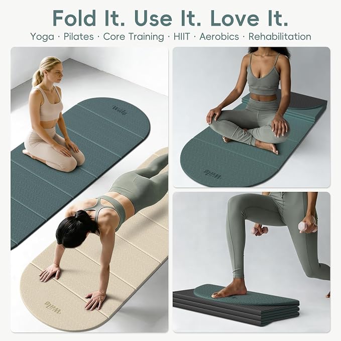 Foldable Yoga Mat 10mm Thick TPE, Double-Sided Textured Non-Slip Dual-Color Mat, 7-Fold Portable for Yoga, Pilates, Floor Workouts, Home Gym & Travel, 75"x26"