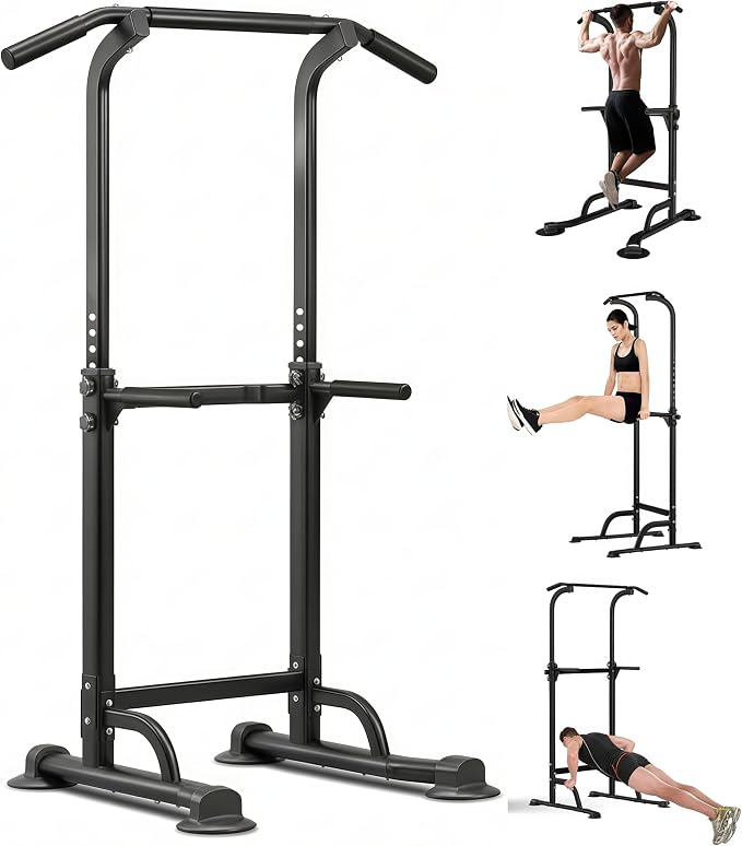 Adjustable Power Tower Pull Up Bar Dip Station, Free Standing Pull Up Rack Dip Station for Home Gym, 400LBS Capacity Height Heavy Duty Multi-Function Home Strength Training Fitness Workout Equipment