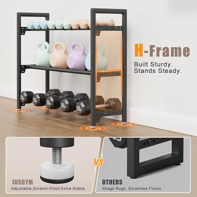 Jusgym Dumbbell Rack, 400LBS Load, Adjustable Weight Rack for Dumbbells ﻿ | Space-Saving Home Gym Storage, Adjustable Width, 2 Placement Options, Steel H-Frame, No-Pinching,Quick Assembly