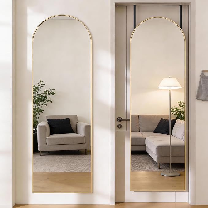 DUMOS 47"x14" Full Length Door Mirror, Arched Full Body Mirror, Gold | Aluminum Alloy Thin Frame, Leaning or Hanging, Suitable for Bedroom, Livingroom, Cloakroom