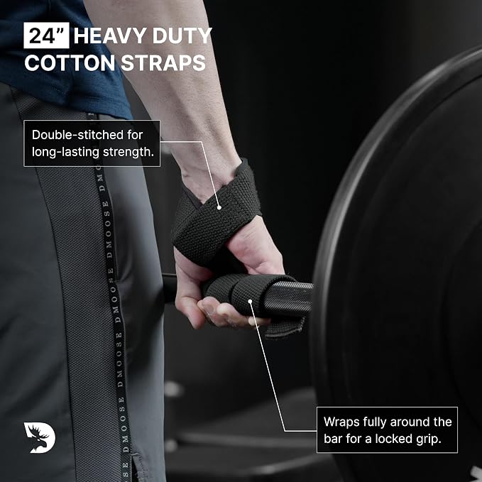 DMoose Fitness Lifting Straps 24" (Pair) - 5mm Padded Durable Wrist Straps for Weightlifting & Powerlifting - Cotton Lifting Strap with Silicone Grip for Men & Women - Deadlift Strap for Gym Workout